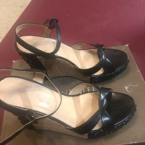 Preowned Anne Klein Black Leather Studded Cork Wedge Platform Sandals. Sz 7.5